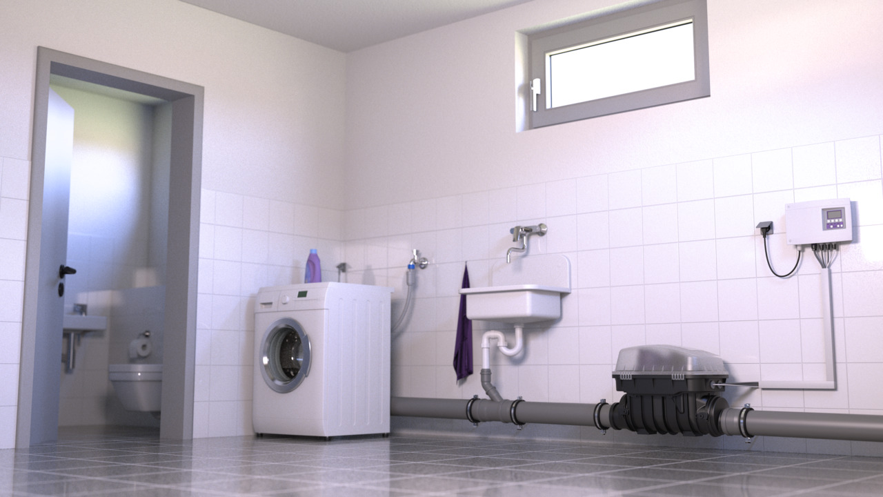 Einbaudarstellung Rückstaupumpanlage Pumpfix F zum Einbau in eine freiliegende Abwasserleitung Einbaudarstellung Rückstaupumpanlage Pumpfix F zum Einbau in eine freiliegende Abwasserleitung