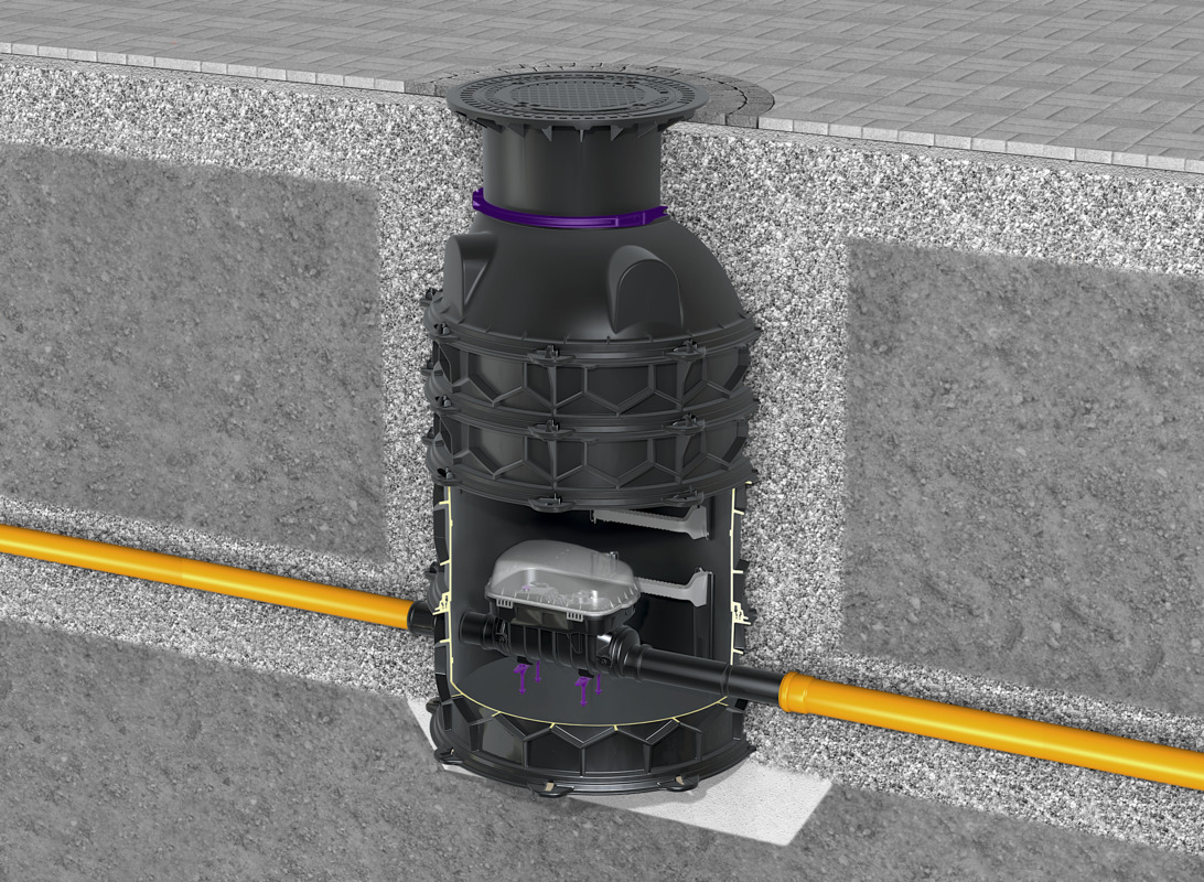 Einbaudarstellung Technikmodul Rückstauschacht mit Controlfix und Technikschacht LW 1000