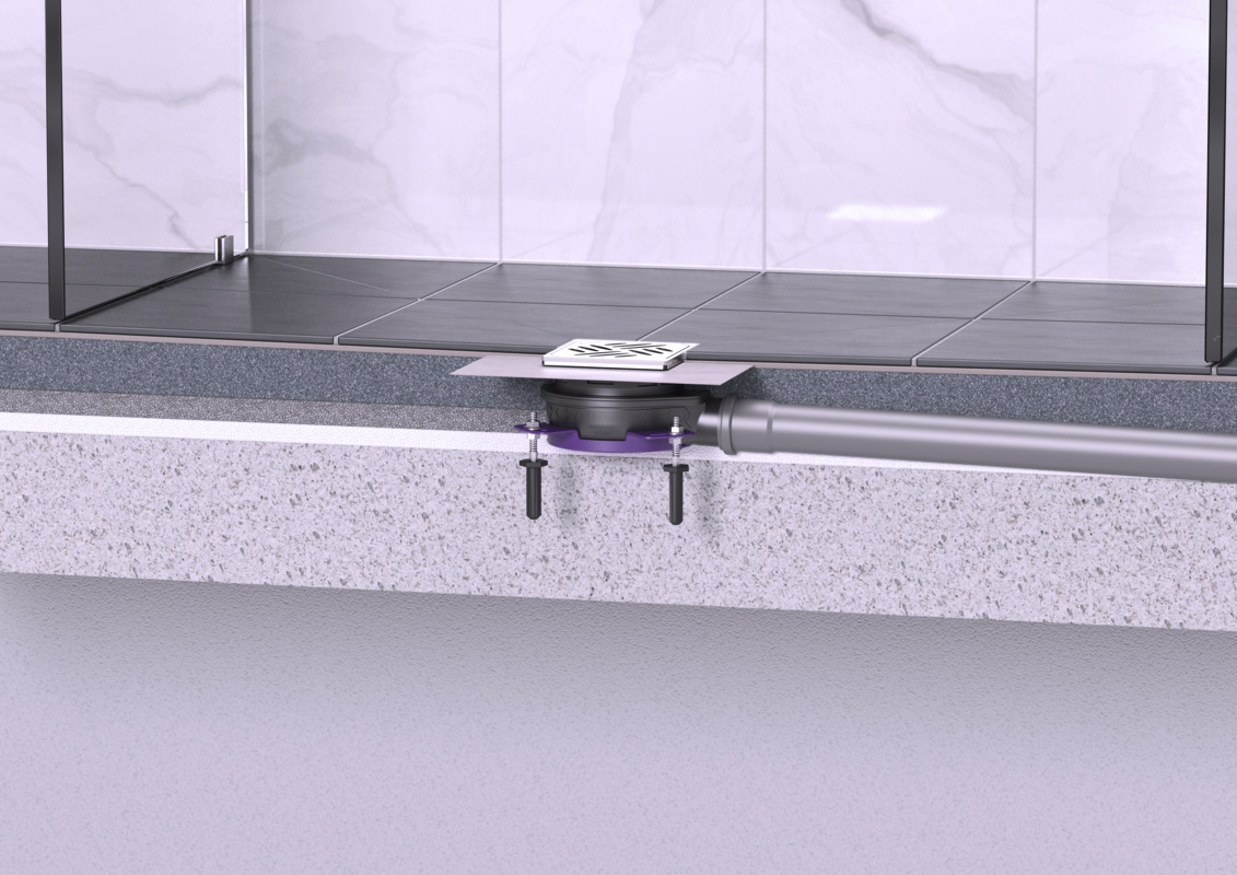 Einbaudarstellung Badablauf Der Ultraflache mit Schlitzrost ohne Lock & Lift-Verriegelungssystem Einbaudarstellung Badablauf Der Ultraflache mit Schlitzrost ohne Lock & Lift-Verriegelungssystem