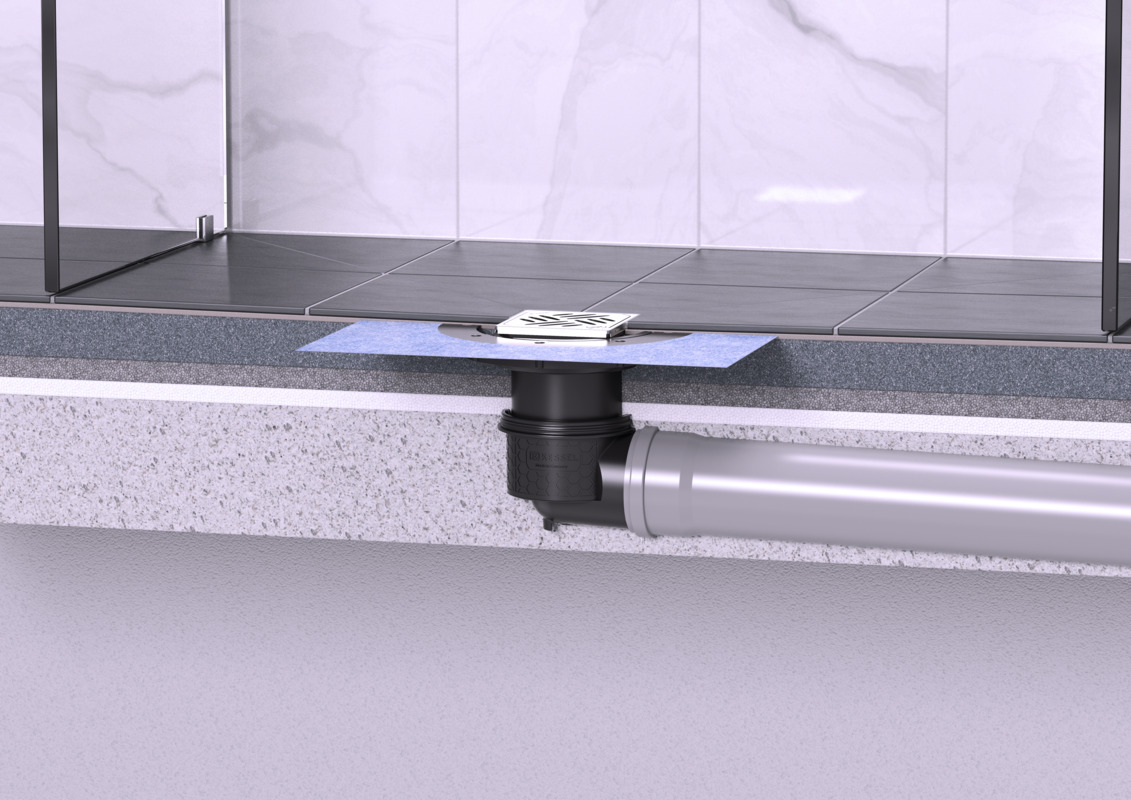 Einbaudarstellung Bodenablauf Practicus mit waagrechtem Auslauf mit Variofix Dünnbettaufsatz und Schlitzrost in der Duschkabine Einbaudarstellung Bodenablauf Practicus mit waagrechtem Auslauf mit Variofix Dünnbettaufsatz und Schlitzrost in der Duschkabine