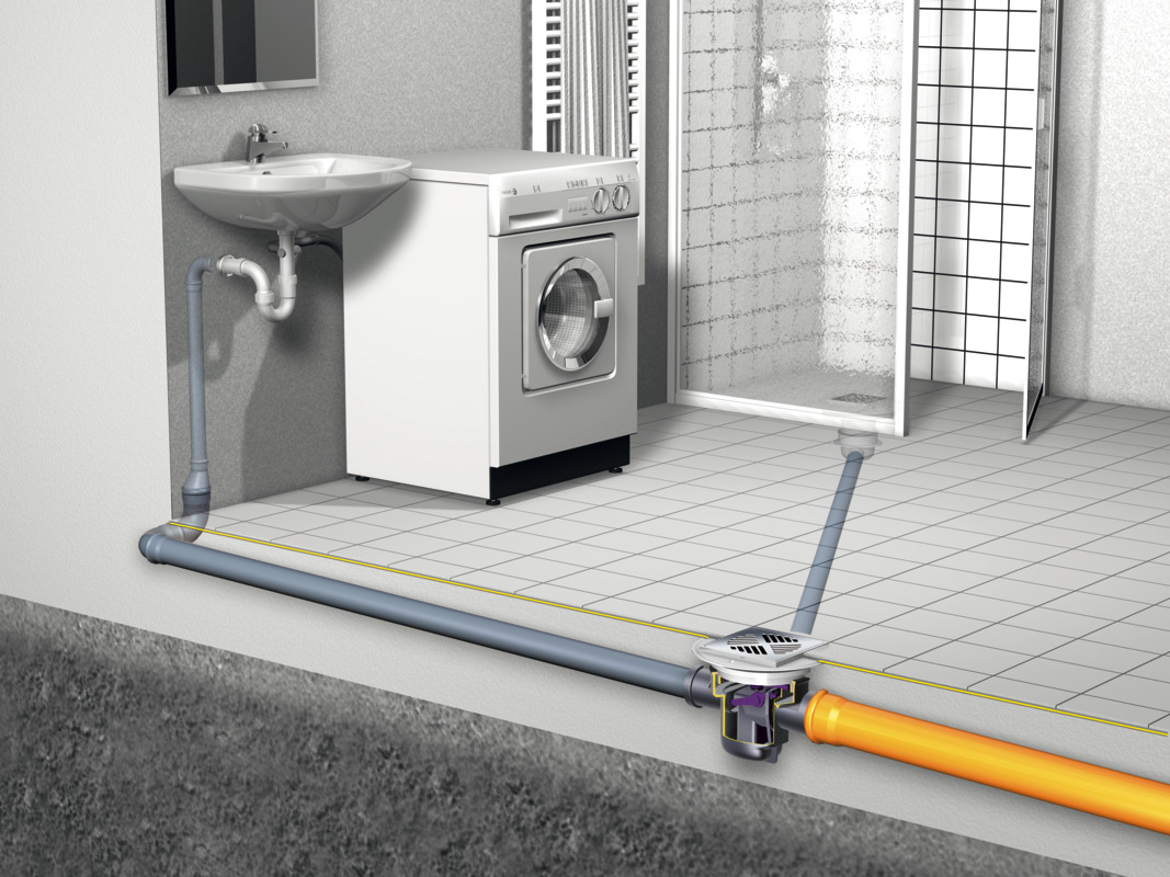 Kellerablauf mit zwei weiteren Anschlüssen für Waschbecken und Dusche.