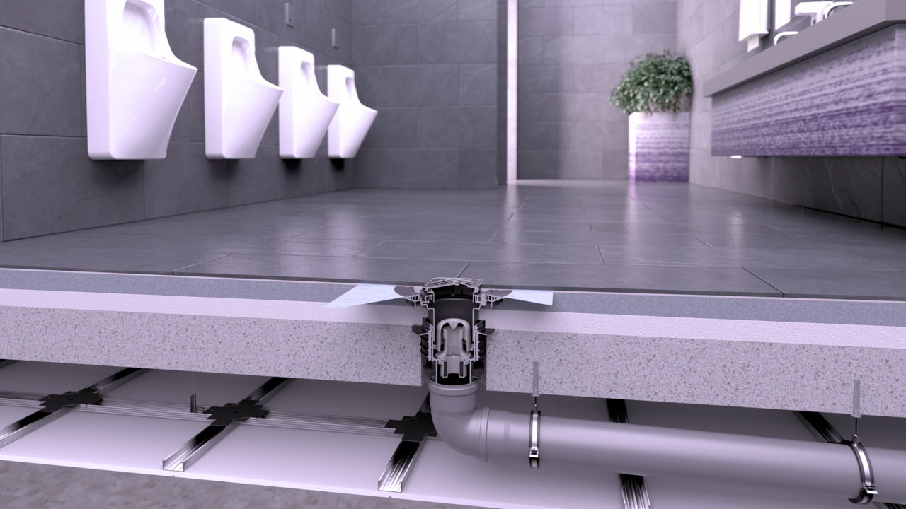 Einbaudarstellung Bodenablauf Practicus mit senkrechtem Auslauf mit Variofix Dünnbettaufsatz und Schlitzrost im öffentlichen Bereich Einbaudarstellung Bodenablauf Practicus mit senkrechtem Auslauf mit Variofix Dünnbettaufsatz und Schlitzrost im öffentlichen Bereich