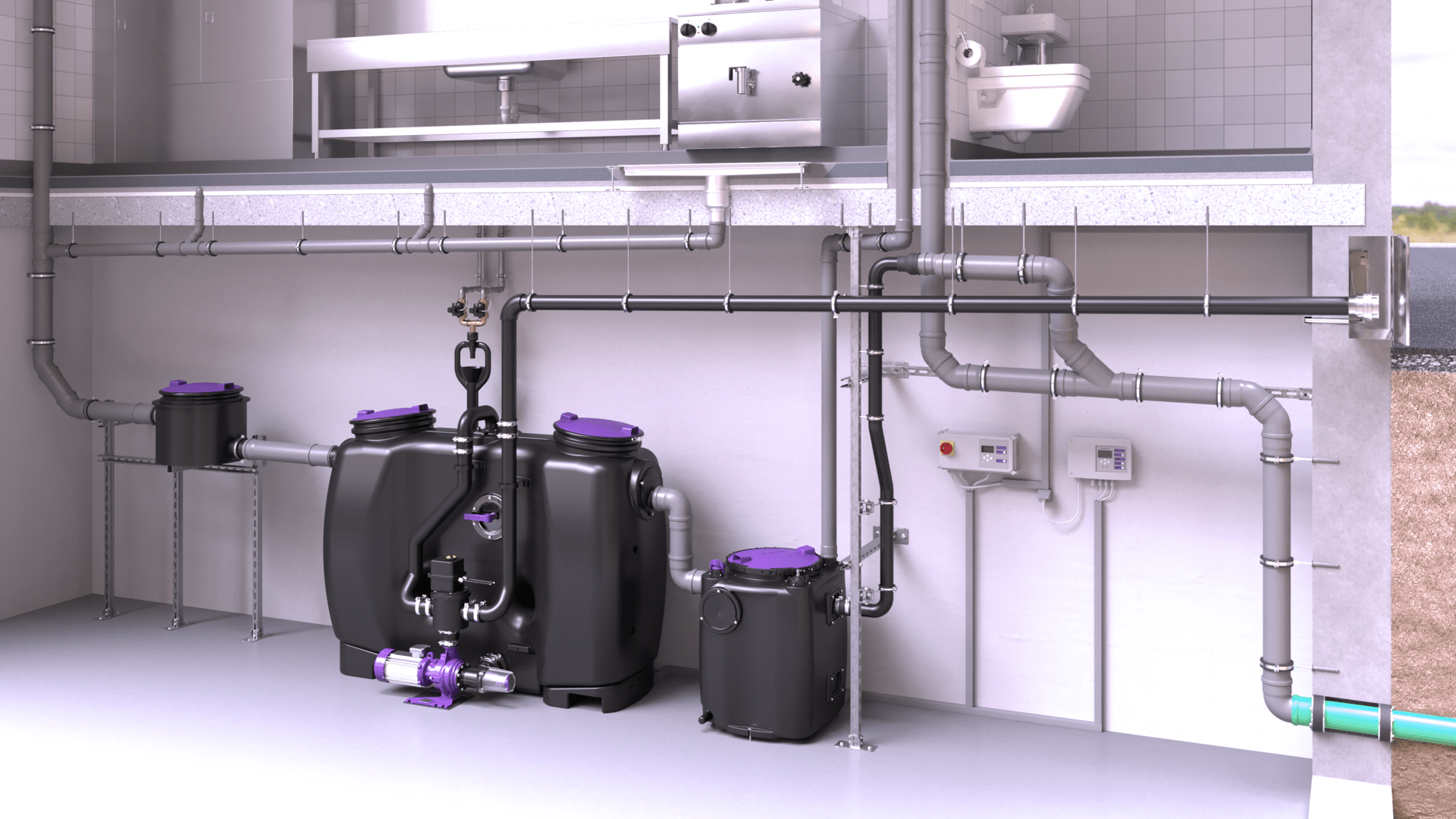 Einbaudarstellung Hebeanlage Aqualift S 200 nach einem Fettabscheider EasyClean Einbaudarstellung Hebeanlage Aqualift S 200 nach einem Fettabscheider EasyClean